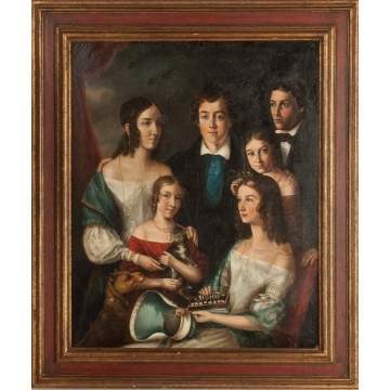 Portrait of a Six Young People with Cat, Dog and Musical Instrument