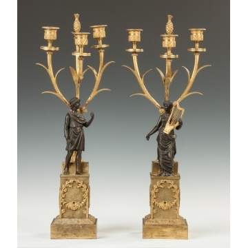 French Gilt Bronze and Bronze Classical Figure Candelabras