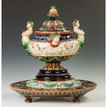 Monumental Majolica Punch Bowl and Stand