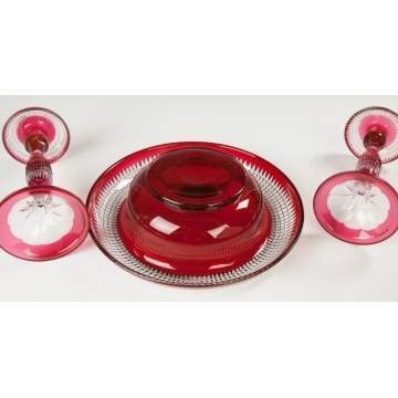 Pairpoint Cranberry Cut to Clear Candlesticks and Center Bowl