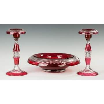 Pairpoint Cranberry Cut to Clear Candlesticks and Center Bowl