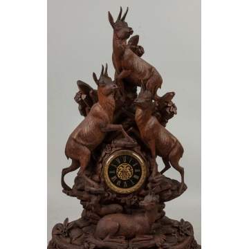 Carved Black Forest Clock with Mountain Goats and Foliage