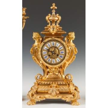 French Gilt Bronze Three Piece Clock Set