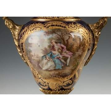 Fine Pair of Sevres Style Porcelain Cobalt Blue Covered Urns with Courting Couples and Landscapes