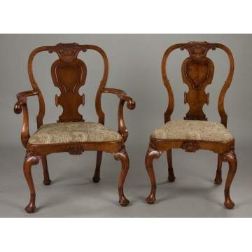 Eight Queen Anne Carved Walnut and Burl Chairs
