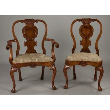 Eight Queen Anne Carved Walnut and Burl Chairs