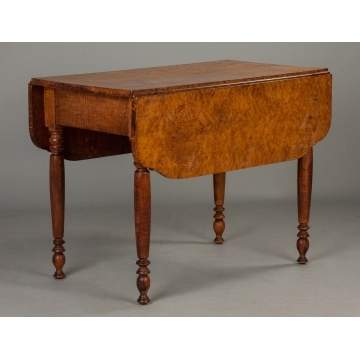 Country Sheraton Curly Maple Drop Leaf Table with Shaped Leaves and Turned Legs