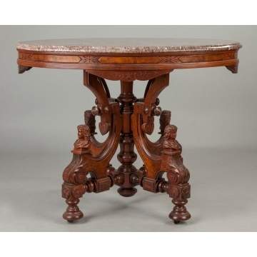 Victorian Walnut and Burl Marble Top Center Table with Figures attributed to Jeliff