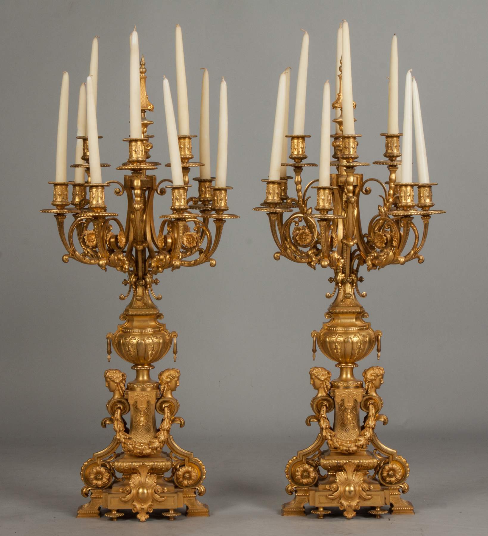 Pair of Monumental French Gilt Bronze Candelabras, Ten Light Cottone