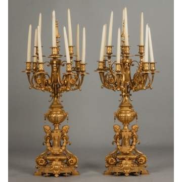 Pair of Monumental French Gilt Bronze Candelabras, Ten Light