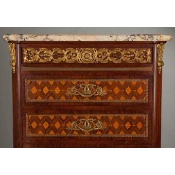 Fine Kingwood and Marquetry Inlay Six Drawer Chest with Gilt Bronze Mounts and Marble Top