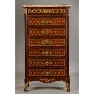 Fine Kingwood and Marquetry Inlay Six Drawer Chest with Gilt Bronze Mounts and Marble Top