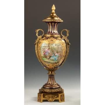 Sevres Hand Painted Porcelain Covered Urn with Courting Couple