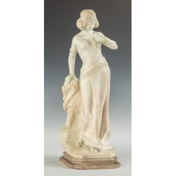 Alabaster Sculpture of a Middle Eastern Lady with Lion