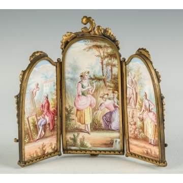 French Enameled Miniature Screen with Courting Couples and Figures