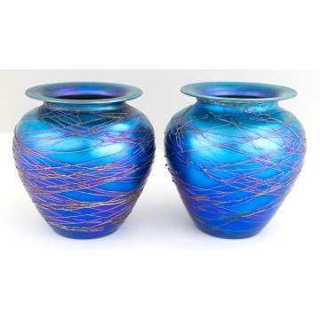 Pair of Durand Blue Iridescent Vases with Applied  Decoration