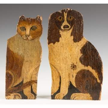 Carved and Painted Wood Cat and Dog