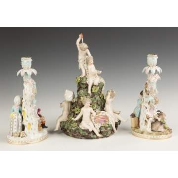 Dresden Candlesticks and Porcelain Figural Group