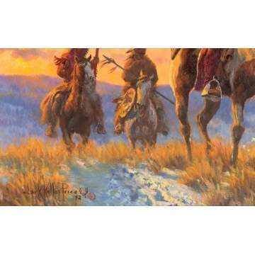 Clark Kelly Price (Born 1945, American) Indians on  Horseback in a Sunset Landscape