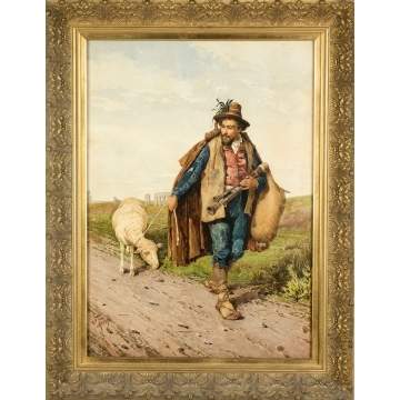 Filippo Indoni (Italian, 1842-1906) Bagpipe Player  with Sheep
