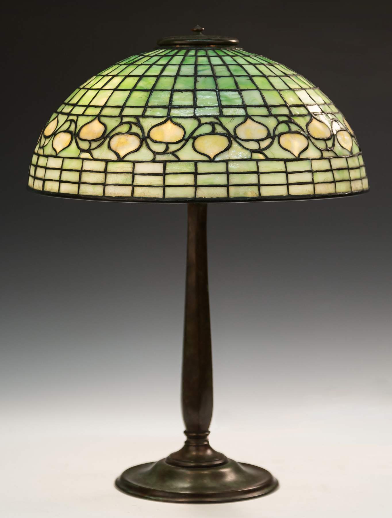 Tiffany Studios, NY Leaded Glass Acorn Lamp with Bronze Base Cottone