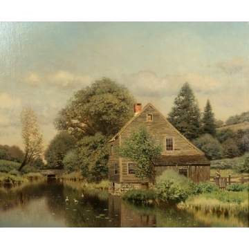 Henry Pember Smith (American, 1854-1907) Cottage   near Stream with Figure and Ducks