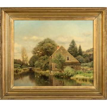 Henry Pember Smith (American, 1854-1907) Cottage   near Stream with Figure and Ducks