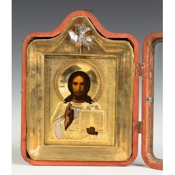 Gilt Metal Hand Painted Russian Icon in Case