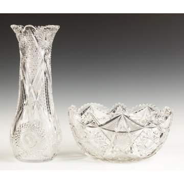 Cut Glass Brilliant Period Vase & Punch Bowl