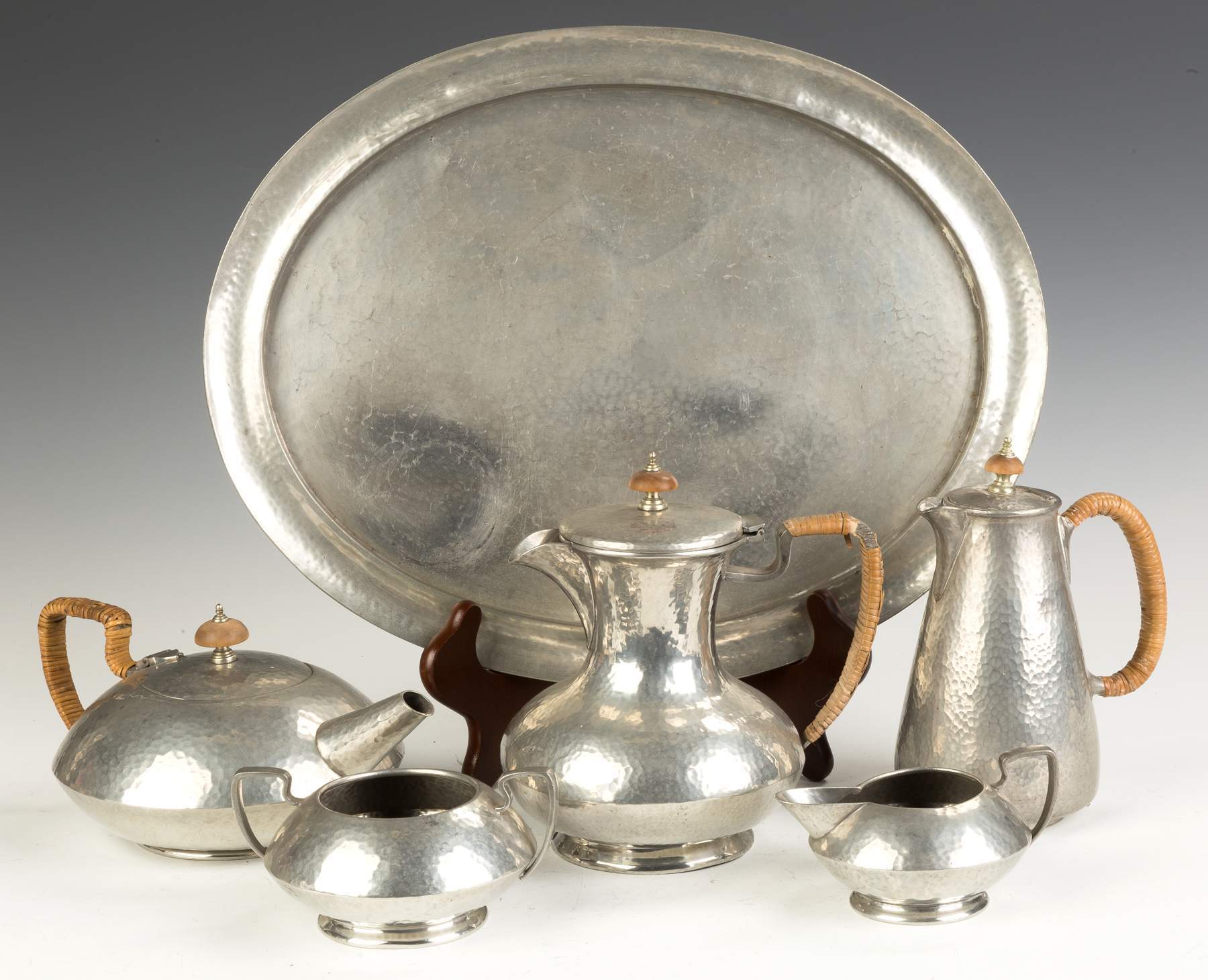 Tudric Hammered Pewter 5Piece Tea Set with Matching Tray Cottone