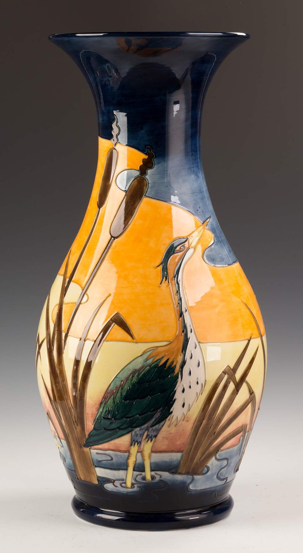 Contemporary Moorcroft Floor Vase with a Heron, Cattails and Sunset