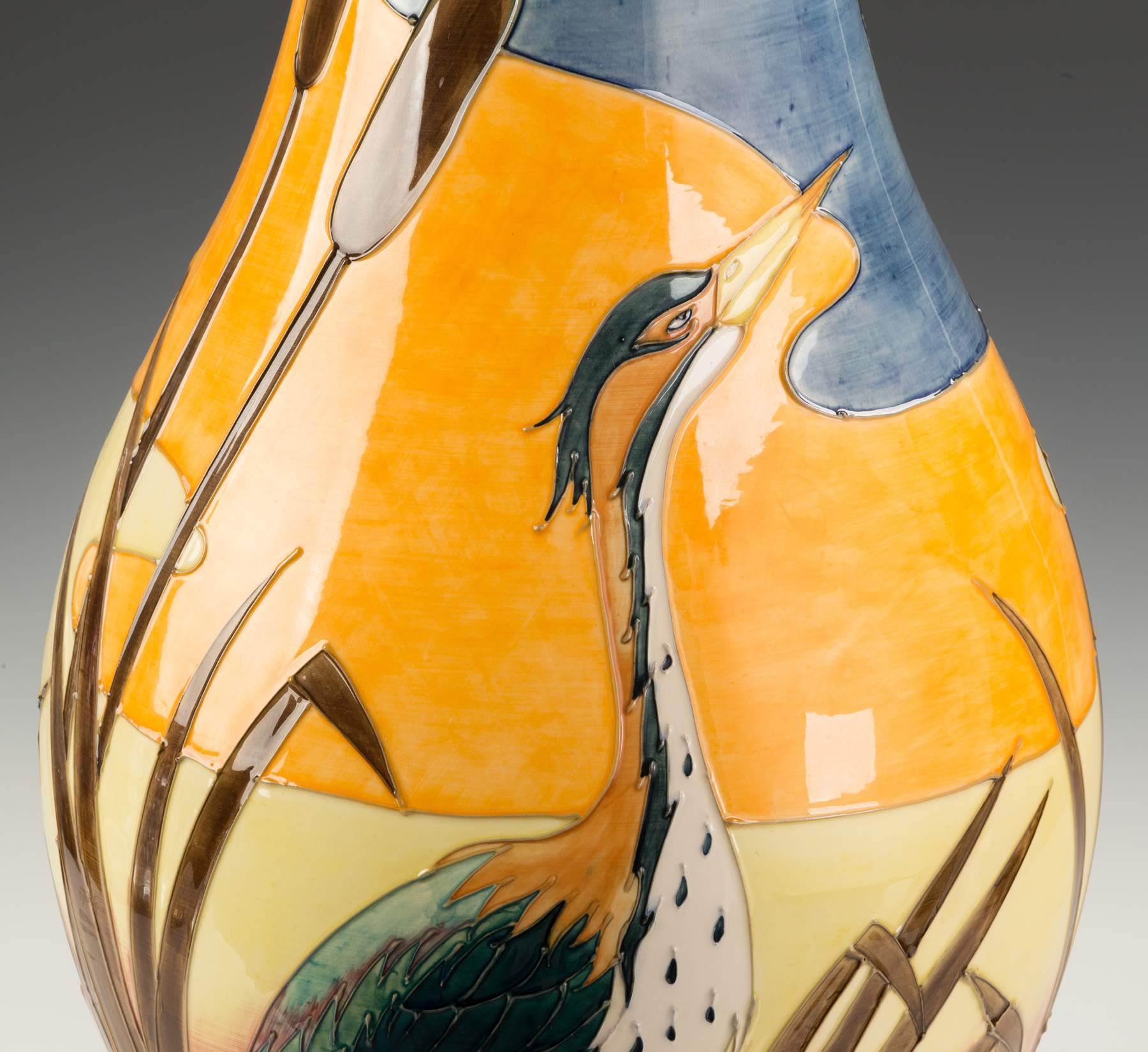 Contemporary Moorcroft Floor Vase with a Heron, Cattails and Sunset