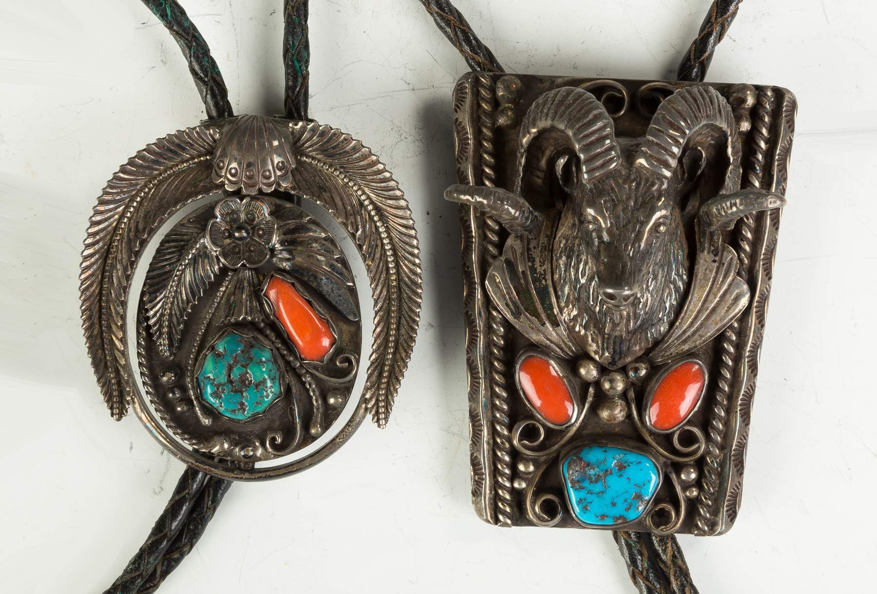 Vintage Navajo Silver, Turquoise and Coral Bolo Ties | Cottone 