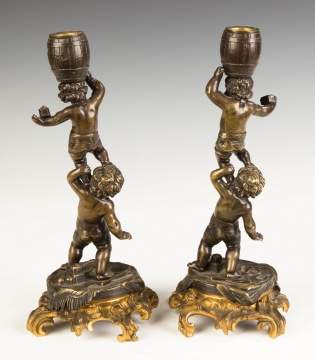 French Bronze and Gilt Bronze Putti Candlesticks