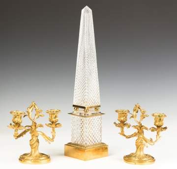 French Gilt Bronze Candelabras and Probably French Baccarat Cut Crystal and Gilt Bronze Obelisk