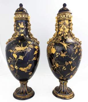 Porcelain Cobalt Covered Vases with Dragonflies,  Butterflies and Vines