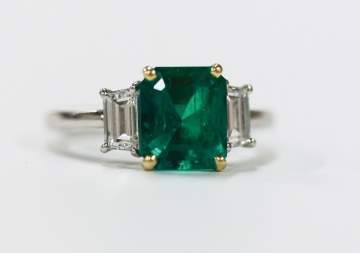 Ladies Platinum and 18K Gold Traditional Style Emerald Ring