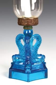 Rare Boston Sandwich Glass Electric Blue Triple  Dolphin Candle Lamp
