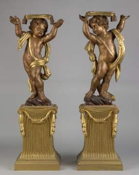 Carved and Painted Putti Stands