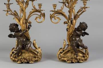 Fine Monumental French Gilt Bronze and Bronze Candelabras with Cherubs French