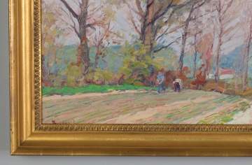 George Renouard (American, 1899-1964) Fall Landscape with Figures and Farm Equipment