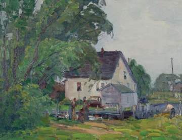 George Renouard (American, 1899-1964) Figures in Backyard with Shed and Vehicle