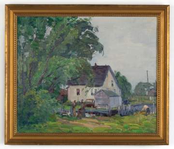 George Renouard (American, 1899-1964) Figures in Backyard with Shed and Vehicle