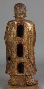 Early Chinese Lacquered and Carved Gilt Wood Standing "Lohan"