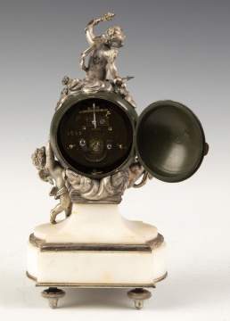 French Miniature Patinaed Metal and Marble Cherub Clock