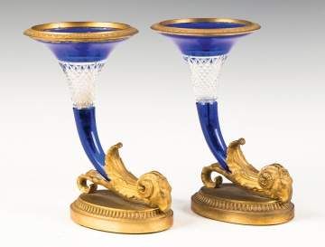 Pair of Gilt Bronze with Cobalt Overlay and Cut  Vases