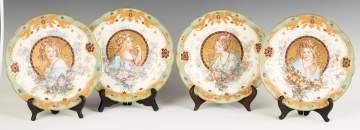 Sevres Porcelain Plates with Art Nouveau Hand Painted and Gilded Women