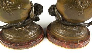 Auguste Moreau (French, 1834-1917) Bronze Cherub Vases with Marble Bases