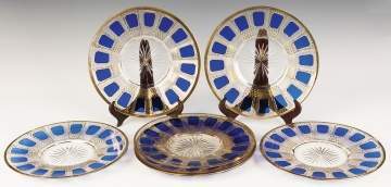 Set of Seven Cobalt and Gold Leaf Dinner Plates