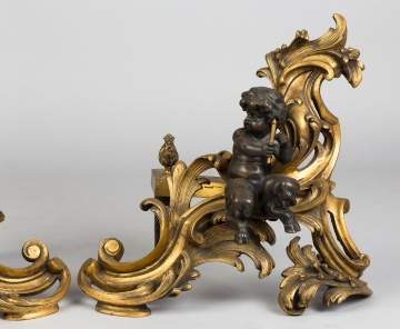A Pair of Gilt Bronze and Bronze French Chenets with Putti